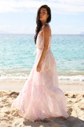 Toile print cover-up dress with thin straps, tie waist, and flowing tiered skirt in pale pink