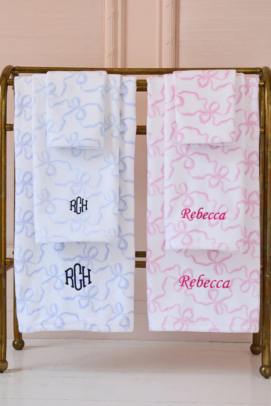 Cotton bath towel, light blue and pink, floral pattern with RH and Rebecca embroidery.