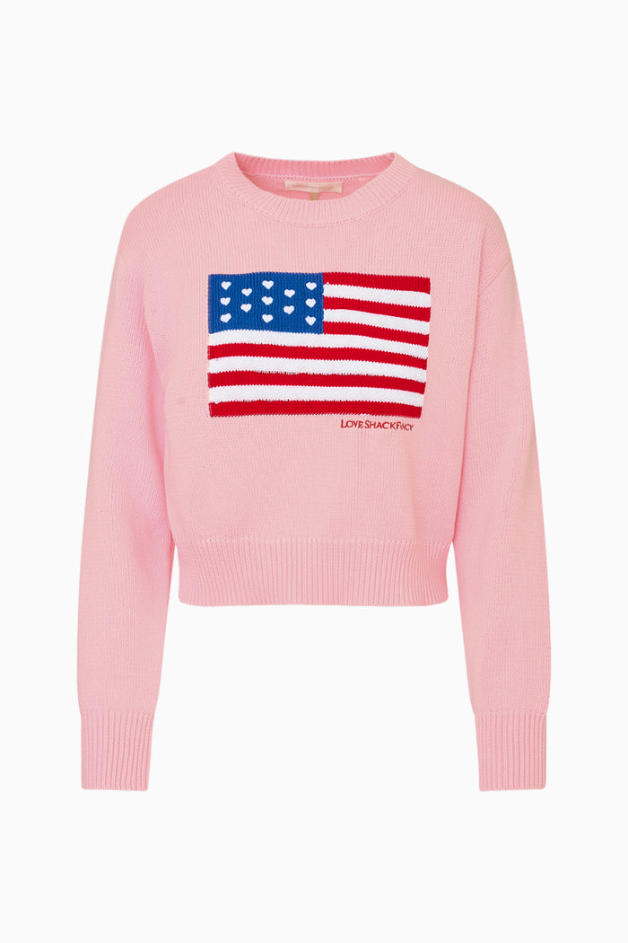 Blushing pink cropped flag pullover sweater with ribbed hem and cuffs - Customized