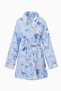 Blue cotton bath robe with hood, tie belt, long sleeves and allover floral print
