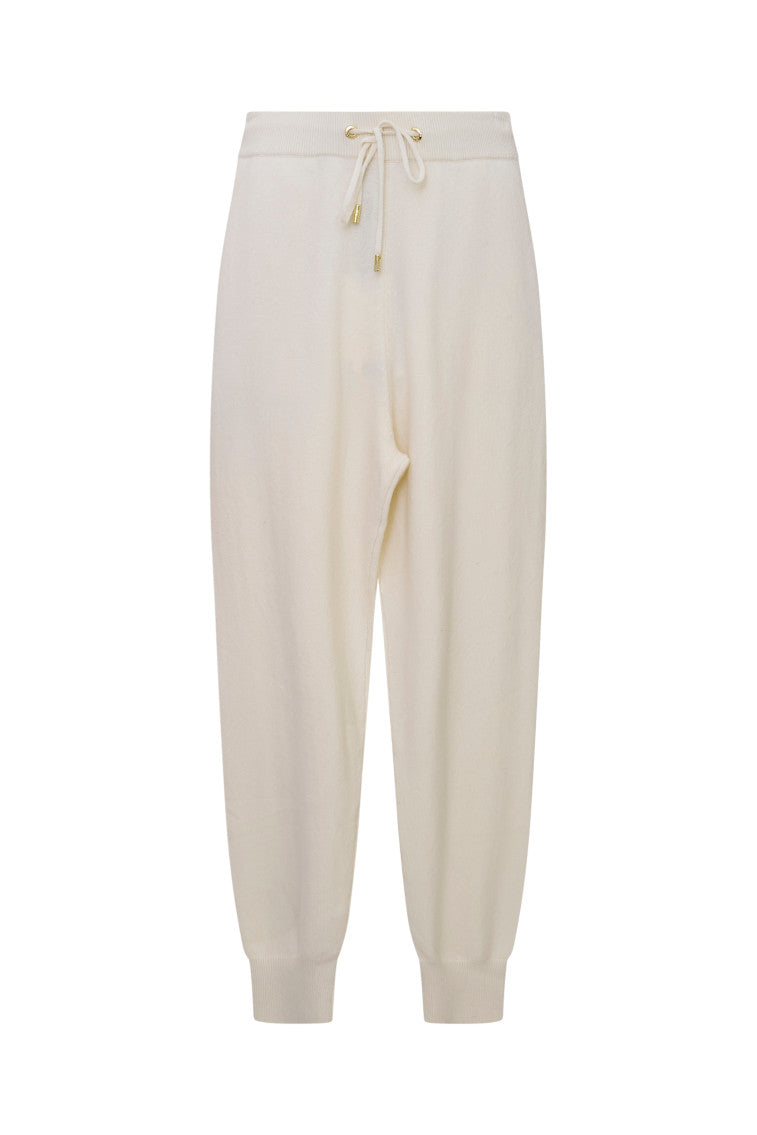 Ivory wool-cashmere joggers with drawstring waist and cuffed hems