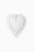 White heart-shaped mini accent pillow with gathered ruffle edging