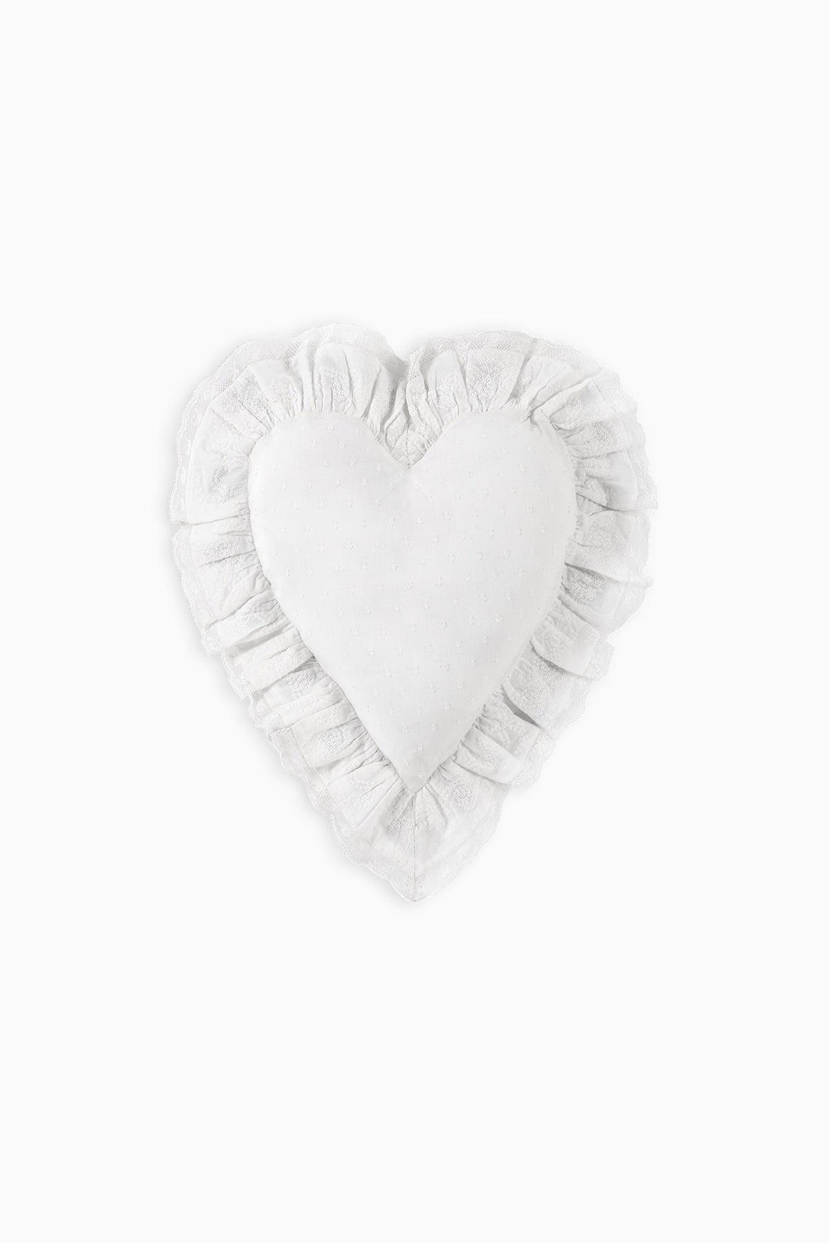 White heart-shaped mini accent pillow with gathered ruffle edging