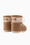 Tan fleece ankle boots with Moon Boot logo cuff and lace-up tie drawstrings