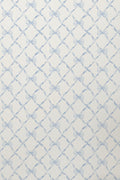 Close-up light blue bow trellis wallpaper pattern on white.
