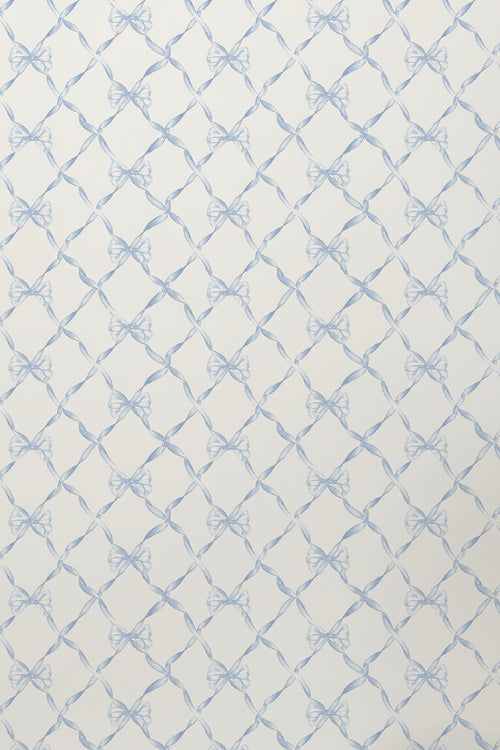 Close-up light blue bow trellis wallpaper pattern on white.