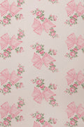 Pink and mint floral wallpaper pattern with roses and bow butterflies, all-over repeat