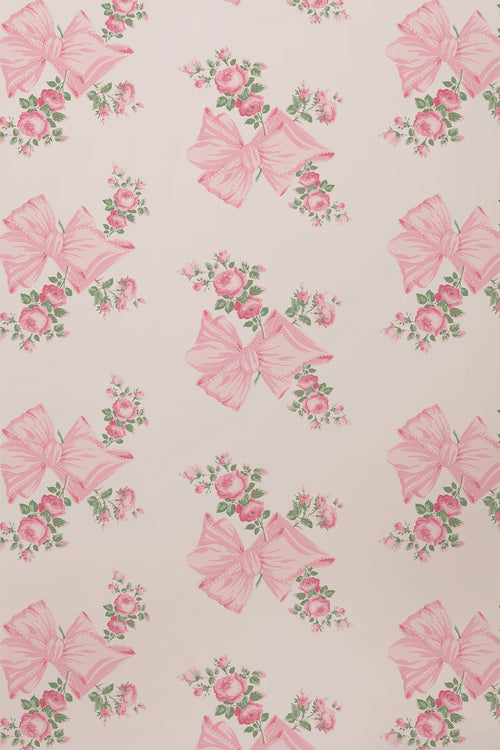 Pink and mint floral wallpaper pattern with roses and bow butterflies, all-over repeat