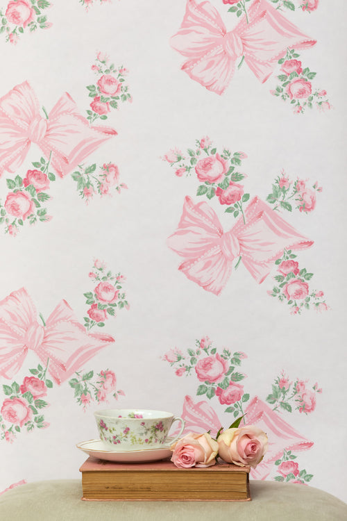 Pink and mint floral wallpaper with butterflies, bows, and roses pattern