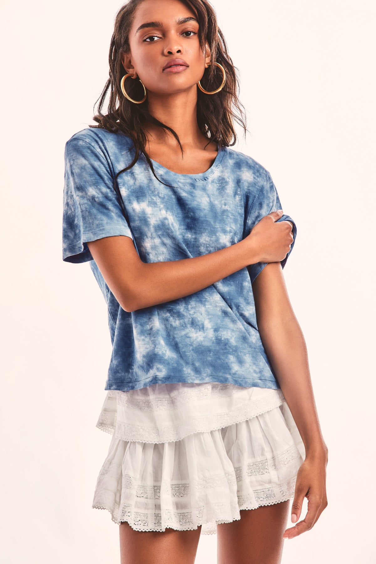 Calix cotton tee in blue tie-dye, crew neck short sleeves