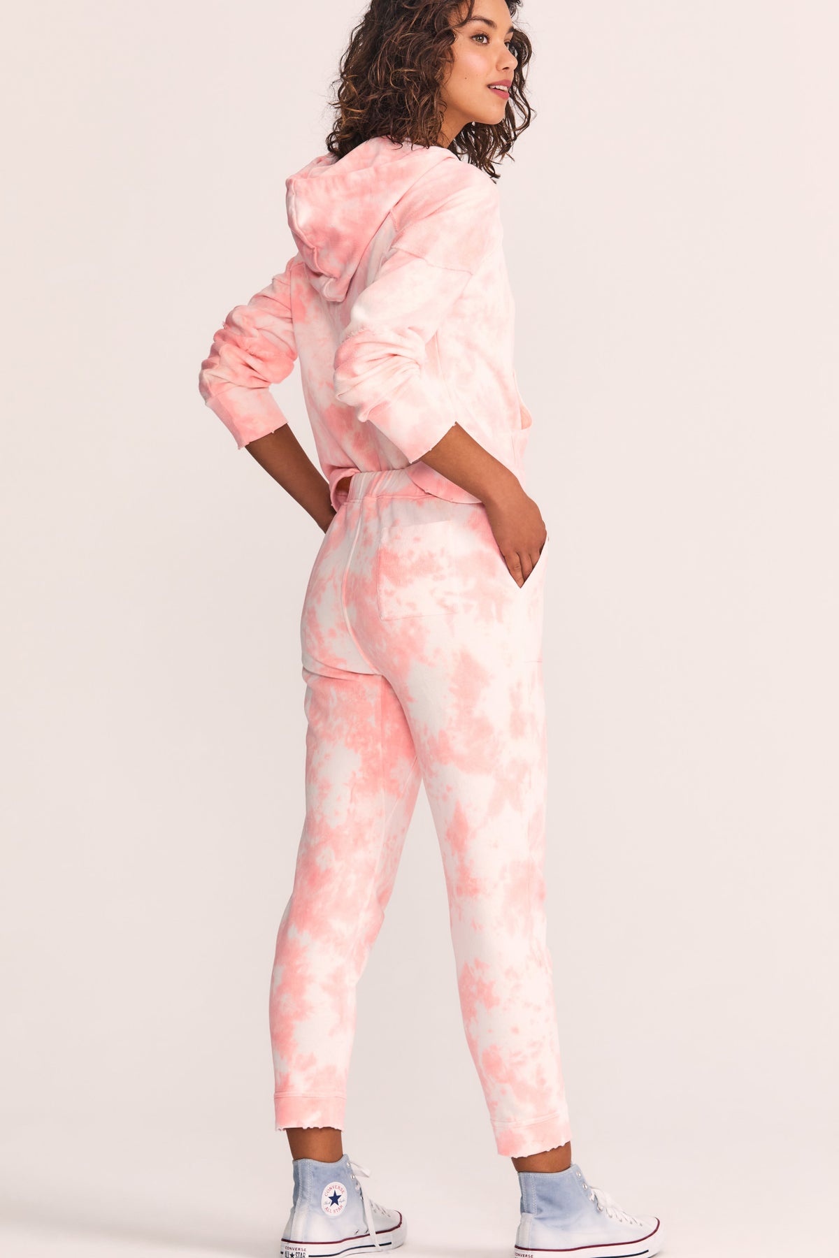 Blex jogger sweatpants, light pink tie-dye back view with tapered jogger leg